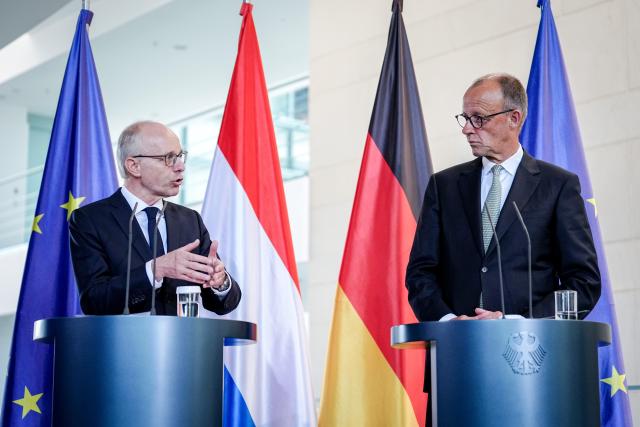 01 July 2025, Berlin: German Chancellor Friedrich Merz (R) and Luxembourg's Prime Minister Luc Frieden, hold a joint press conference at the German Chancellery in Berlin. Photo: Kay Nietfeld/dpa