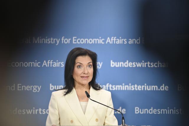 01 July 2025, Berlin: Katherina Reiche, German Minister for Economic Affairs and Energy, speaks during a press conference at the German Ministry for Economic Affairs and Energy. The Minister comments on developments on the gas market. Photo: Katharina Kausche/dpa