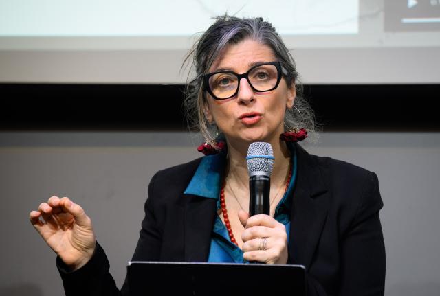 FILED - 19 February 2025, Berlin: Francesca Albanese, UN Special Rapporteur on the situation of human rights in the Occupied Palestinian Territories, speaks during a relocated and event at bUm - Raum für solidarisches Miteinander in Berlin's Kreuzberg district. A UN official tasked with monitoring the Israeli occupied West Bank and Gaza Strip on Tuesday accused Israel of using companies to pursue a "settler-colonial" displacement project aimed at apartheid and genocide. Photo: Bernd von Jutrczenka/dpa