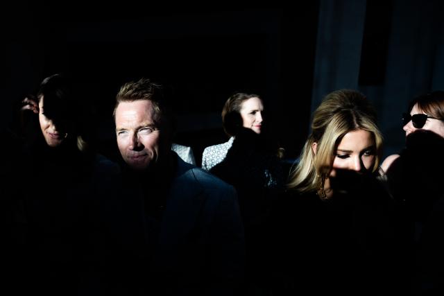 01 July 2025, Berlin: Singer Ronan Keating (2nd L) sits with his wife Storm Keating (L), a TV producer and influencer, and TV presenter and model Sylvie Meis at the Marc Cain show "A Quiet Rebellion" in the Pei Building of the German Historical Museum, part of Berlin Fashion Week. Photo: Christoph Soeder/dpa