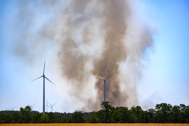 02 July 2025, Saxony, Zeithain: An aerial view taken with a drone shows smoke rising into the sky during a forest and vegetation fire in the Gohrischheide in the district of Meißen near the Saxon town of Zeithain. Photo: Robert Michael/dpa