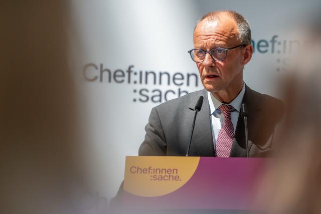 02 July 2025, Berlin: German Chancellor Friedrich Merz speaks at the conference of the "Chef:innensache" initiative. The conference motto is "Future Leaders", representatives from business, politics and science will discuss how future leaders can be shaped. Photo: Michael Kappeler/dpa