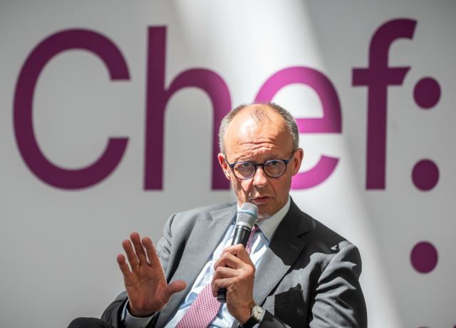 02 July 2025, Berlin: German Chancellor Friedrich Merz speaks at the conference of the "Chef:innensache" initiative. The conference motto is "Future Leaders", representatives from business, politics and science will discuss how future leaders can be shaped. Photo: Michael Kappeler/dpa