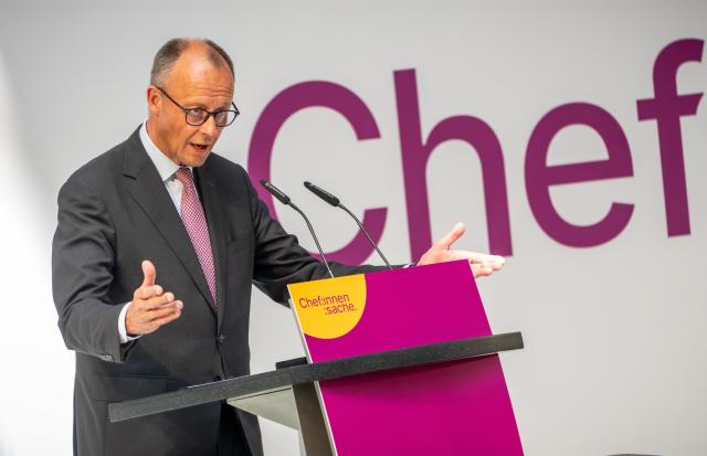 02 July 2025, Berlin: German Chancellor Friedrich Merz speaks at the conference of the "Chef:innensache" initiative. The conference motto is "Future Leaders", representatives from business, politics and science will discuss how future leaders can be shaped. Photo: Michael Kappeler/dpa