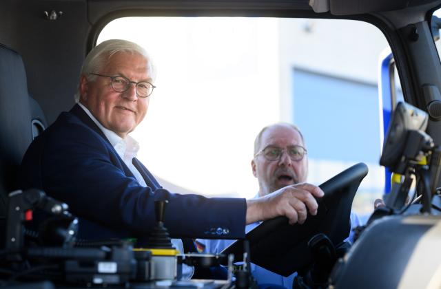 02 July 2025, Brandenburg, Neuruppin: Germany's President Frank-Walter Steinmeier visits the Neuruppin branch of the Federal Agency for Technical Relief and sits at the wheel of a new equipment vehicle (GKW) that the branch has just received. Photo: Bernd von Jutrczenka/dpa