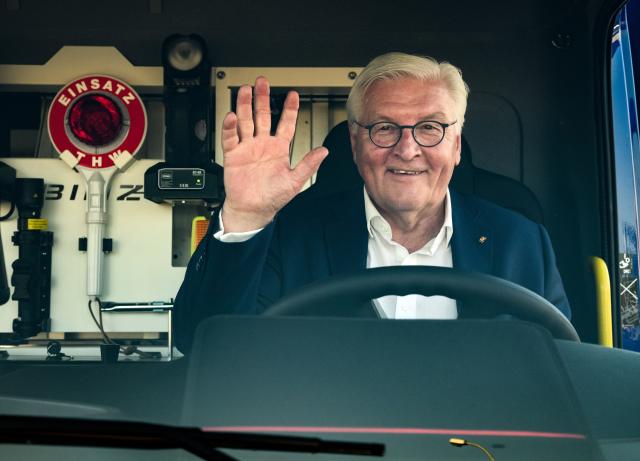 02 July 2025, Brandenburg, Neuruppin: Germany's President Frank-Walter Steinmeier visits the Neuruppin branch of the Federal Agency for Technical Relief and sits at the wheel of a new equipment vehicle (GKW) that the branch has just received. Photo: Bernd von Jutrczenka/dpa