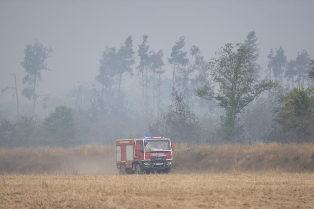03 July 2025, Saxony, Zeithain: A fire department vehicle drives along a field in front of a forest and vegetation fire in the Gohrischheide in the district of Meißen near the Saxon town of Zeithain. The forest fire in the Gohrischheide, a former military training area in Saxony, has spread considerably. Photo: Sebastian Kahnert/dpa