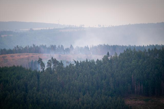 03 July 2025, Thuringia, Reichmannsdorf: Smoke can be seen above the forest area on the Saalfelder Hoehe in Thuringia. A disaster alert was issued due to the forest fire in the district of Saalfeld-Rudolstadt. The extinguishing work is now continuing. Photo: Jacob Schröter/dpa