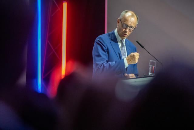 03 July 2025, Berlin: German Chancellor Friedrich Merz speaks at the Banking Conference of the Federal Association of Volksbanken and Raiffeisenbanken. Photo: Michael Kappeler/dpa