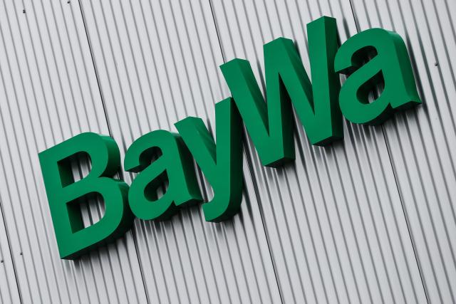 FILED - 26 January 2015, Bavaria, Bamberg: The Baywa logo is seen on the company's technical center at the port of Bamberg. Photo: David-Wolfgang Ebener/dpa