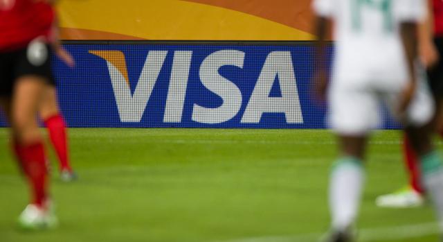 FILED - 05 July 2011, Saxony, Dresden: The logo of Visa is seen during the FIFA Women's World Cup soccer match. The Asian Football Confederation (AFC) today announced a landmark global partnership with Visa, which has become the Official Global Supporter of the 2026 AFC Women's Asian Cup in Australia. Photo: Jens Wolf/dpa-Zentralbild/dpa
