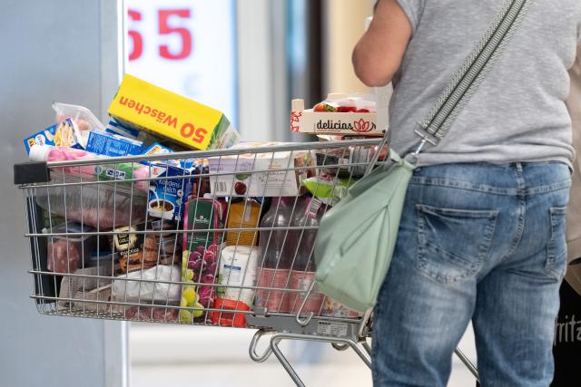 FILED - 15 April 2025, Saxony, Dresden: A person stands next to a full shopping cart. Data from the Turkish Statistical Office showed on Thursday that the inflation rate fell in June to its lowest level in more than three and a half years. Photo: Sebastian Kahnert/dpa