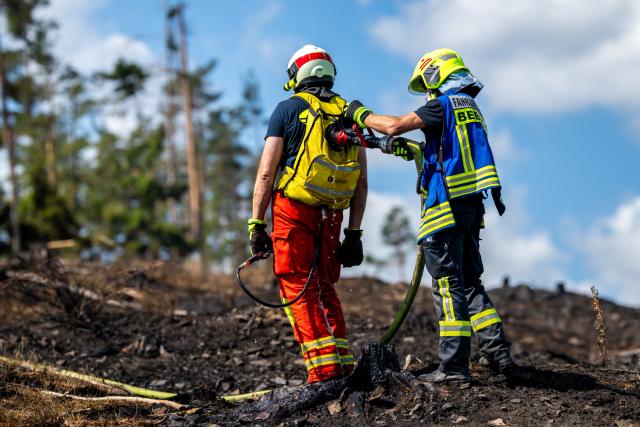 04 July 2025, Thuringia, Goesseldorf: Firefighters put down the fire that erupted in Goesseldorf. On July 2nd, 2025 a fire broke out in the district of Goesselsdorf for unknown reasons and eventually spread to an area of at least 250 hectares. The fire is considered the largest known forest fire in Thuringia for more than 30 years. Photo: Jacob Schröter/dpa