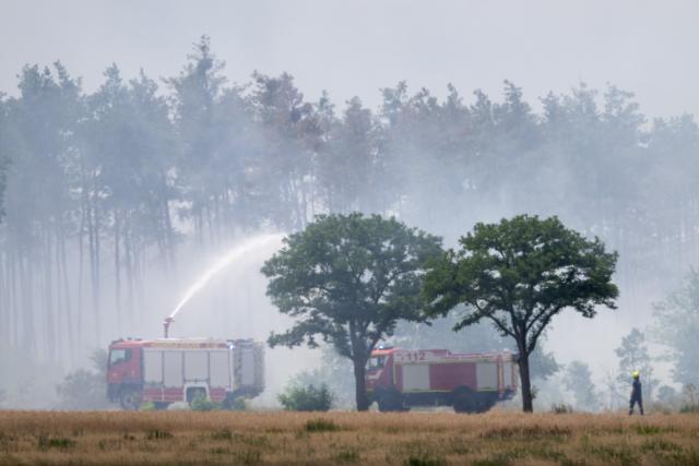 04 July 2025, Saxony, Nieska: Fire engines of the fire department put out the fire that erupted in the Gohrischheide in the district of Meissen. Firefighters are battling forest fires in several places in eastern Germany. Photo: Sebastian Kahnert/dpa