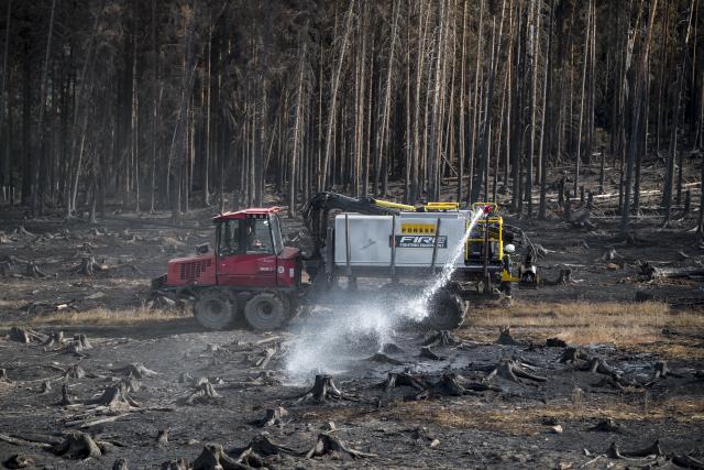 05 July 2025, Thuringia, Reichmannsdorf: A fire engine extinguishes pockets of embers in the forest on the Saalfelder Hoehe. Photo: Daniel Vogl/dpa