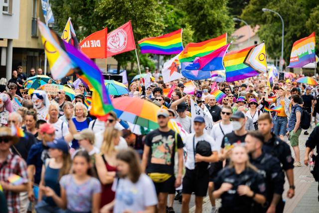 05 July 2025, Brandenburg, Falkensee: People take part in the Christopher Street Day (CSD) procession through Falkensee. Photo: Christoph Soeder/dpa