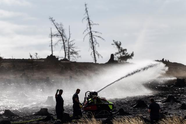 06 July 2025, Thuringia, Reichmannsdorf: Firefighters fight hidden pockets of embers in the forest fire on the Saalfelder Hoehe. Photo: Michael Reichel/dpa