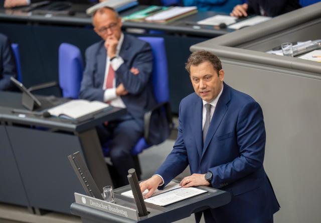 08 July 2025, Berlin: Lars Klingbeil, German Minister of Finance, speaks in front of German Chancellor Friedrich Merz in the Bundestag during budget consultations on the introduction of the draft federal budget for 2025. Photo: Michael Kappeler/dpa