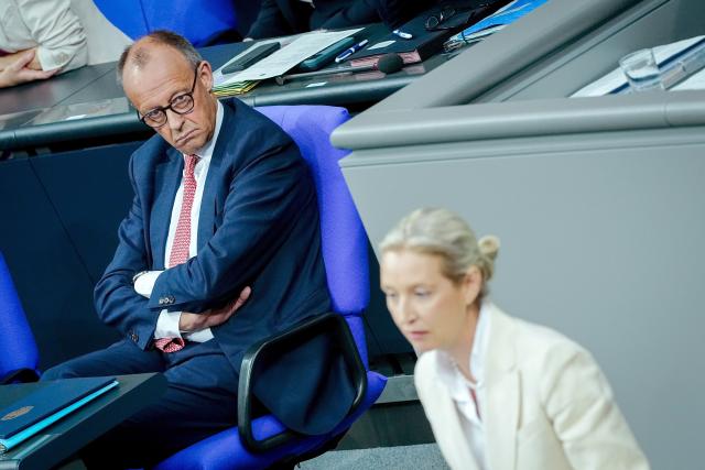 09 July 2025, Berlin: Alice Weidel, leader of the AfD parliamentary group, speaks in front of Chancellor Friedrich Merz during the general debate on the budget in the plenary session of the Bundestag. The general debate is the highlight of the budget week in the Bundestag. Photo: Kay Nietfeld/dpa