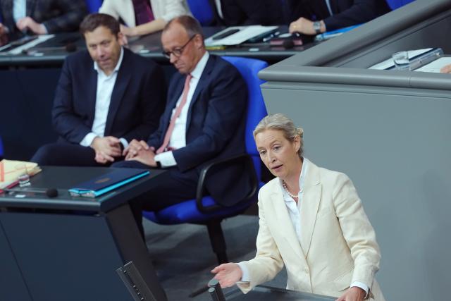 09 July 2025, Berlin: Alice Weidel, leader of the AfD parliamentary group, speaks in the general debate on the budget in the plenary session of the Bundestag before Lars Klingbeil, Federal Minister of Finance, Vice-Chancellor, and Federal Chancellor Friedrich Merz (CDU). The general debate is the highlight of the budget week in the Bundestag. Photo: Kay Nietfeld/dpa