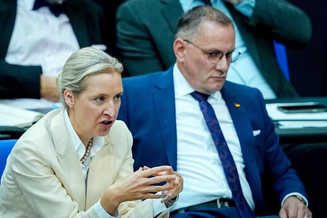 09 July 2025, Berlin: Alice Weidel (L), Alternative for Germany (AfD) parliamentary group leader, and Tino Chrupalla, AfD  chairman and parliamentary group leader, take part in the general debate on the budget in the plenary session of the Bundestag. Photo: Kay Nietfeld/dpa