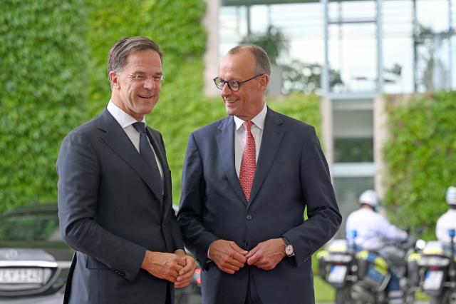 09 July 2025, Berlin: German Chancellor Friedrich Merz (R) receives Mark Rutte, NATO Secretary General, at the German Chancellery in Berlin. Photo: Niklas Treppner/dpa