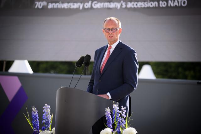 09 July 2025, Berlin: German Chancellor Friedrich Merz speaks at the ceremony "70 years of Germany in NATO" in the cour d'honneur of the Bendlerblock, the seat of the Federal Ministry of Defense. Germany officially joined NATO as its 15th member on May 6, 1955. Photo: Bernd von Jutrczenka/dpa