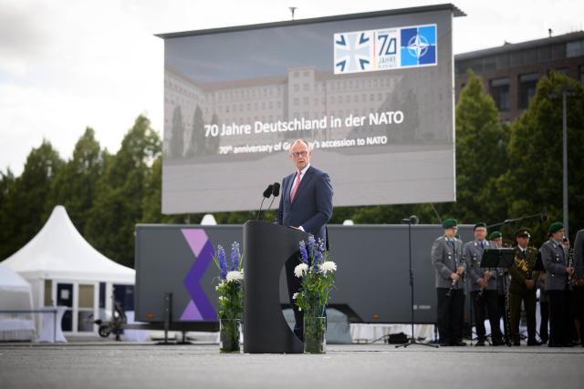 09 July 2025, Berlin: German Chancellor Friedrich Merz speaks at the ceremony "70 years of Germany in NATO" in the cour d'honneur of the Bendlerblock, the seat of the Federal Ministry of Defense. Germany officially joined NATO as its 15th member on May 6, 1955. Photo: Bernd von Jutrczenka/dpa
