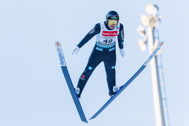 FILED - 19 January 2025, Baden-Württemberg, Schonach im Schwarzwald: German Nordic combined skier Faisst jumps from the Langenwaldschanze during the men's individual normal hill of the Nordic combined world cup. Photo: Philipp von Ditfurth/dpa