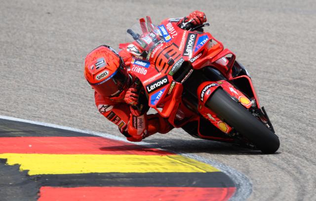 13 July 2025, Saxony, Hohenstein-Ernstthal: Spanish motorcycle racer Marc Marquez of the Ducati Lenovo Team competes during the MotoGP race at the German Grand Prix at Sachsenring. Photo: Robert Michael/dpa
