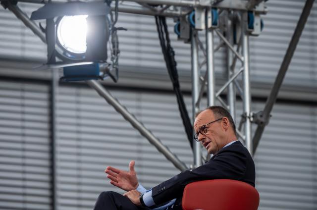 13 July 2025, Berlin: Germany's Chancellor Friedrich Merz speaks during the ARD summer interview. In the live program *Bericht aus Berlin*, Merz discusses current political issues. Photo: Michael Kappeler/dpa