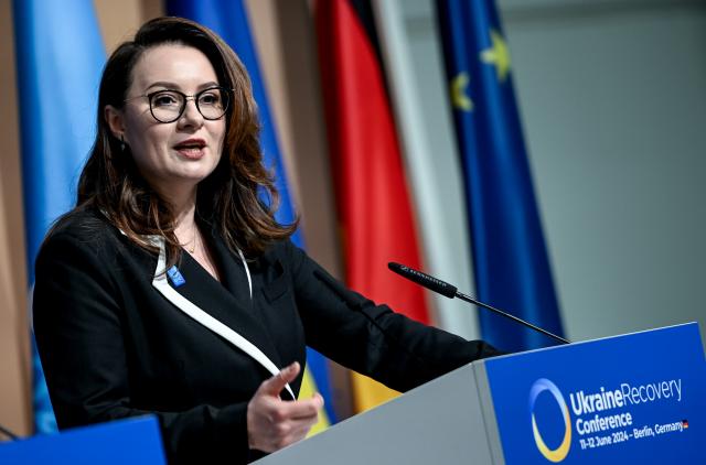 FILED - 12 June 2024, Berlin: Yulia Svyrydenko, Ukrainian Deputy Prime Minister and Minister of Economy, speaks to journalists at the Ukraine Reconstruction Conference.  The Ukrainian parliament confirmed Svyrydenko as new prime minister on Thursday, as part of a government reshuffle. Photo: Britta Pedersen/dpa