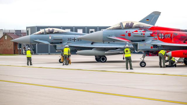 17 July 2025, Lower Saxony, Wittmund: Two Eurofighters are parked at Wittmundhafen airfield. The German Armed Forces are beginning to relocate the Eurofighters of the Tactical Air Force Wing 71 "Richthofen" from Laage airbase (Rostock district) back to Wittmund in East Frisia. Photo: Sina Schuldt/dpa