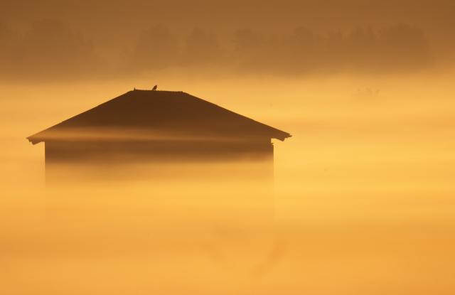 12 August 2025, Baden-Württemberg, Oggelshausen: The rising sun bathes the fog surrounding a wooden barn in a warm yellow glow. Photo: Thomas Warnack/dpa
