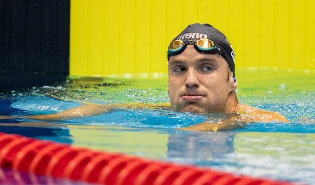 FILED - 18 April 2021, Berlin: German swimmer Marius Kusch reacts to his achieved time at the men's 50 meter freestyle Swimming Olympic qualification at the swimming and diving hall in the Europa-Sportpark Berlin. Kusch said that the controversial Enhanced Games will not replace the Olympics. Photo: Andreas Gora/dpa