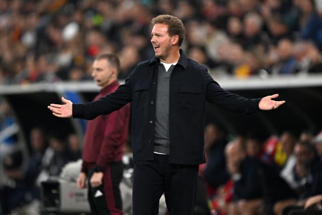 10 October 2025, Baden-Wuerttemberg, Sinsheim: Germany head coach Julian Nagelsmann reacts to a disallowed goal during the FIFA World Cup European Qualifying soccer match between Germany and Luxembourg at the PreZero Arena. Photo: Federico Gambarini/dpa