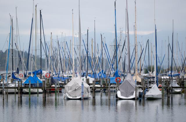 13 October 2025, Bavaria, Seebruck: Sailing boats are moored close together in a harbor in the north of Lake Chiemsee. Photo: Sven Hoppe/dpa