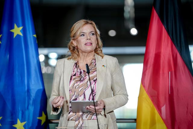 13 October 2025, Berlin: President of the Bundestag Julia Kloeckner speaks during a press conference with President of the Ukrainian Parliament Ruslan Stefanchuk after their meeting in the Reichstag building. Photo: Kay Nietfeld/dpa