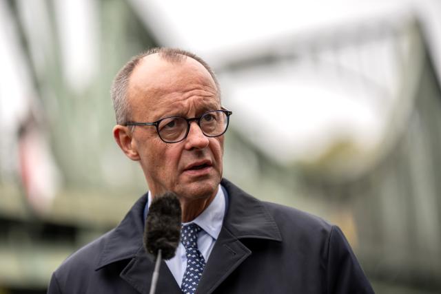 14 October 2025, Brandenburg, Potsdam: German Chancellor Friedrich Merz makes a press statement during his inaugural visit to Brandenburg. Photo: Michael Kappeler/dpa