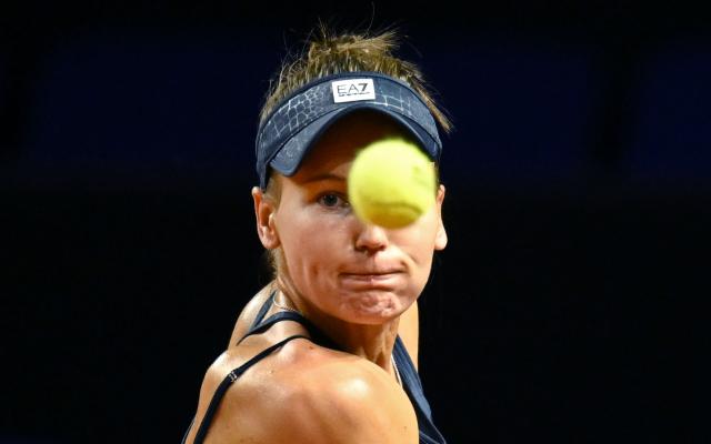 FILED - 19 April 2023, Baden-Wuerttemberg, Stuttgart: Russian tennis player Veronika Kudermetova in action against USA's Coco Gauff during their women's singles first round of the 2023 Stuttgart Open at Porsche Arena. Photo: Marijan Murat/dpa