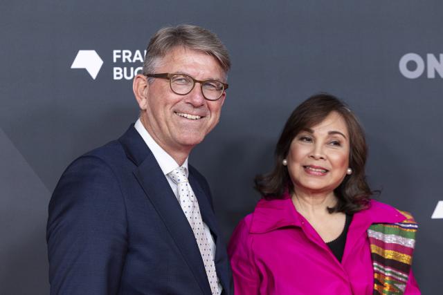 14 October 2025, Hesse, Frankfurt/Main: German Minister of State for Culture and Media Wolfram Weimer (L) and Philippine Senator Loren Legarda take part in The 77th Frankfurt Book Fair opening event. Photo: Hannes P. Albert/dpa