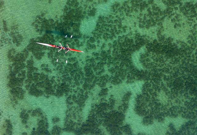 14 October 2025, Bavaria, Oberschleissheim: Athletes train with rowing boats on the historic regatta course from the 1972 Olympic Games in Oberschleissheim. Photo: Sven Hoppe/dpa