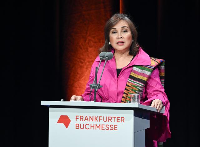 14 October 2025, Hesse, Frankfurt/Main: Loren Legarda, Senator of the Republic of the Philippines, speaks at the opening ceremony of the Frankfurt Book Fair. Photo: Arne Dedert/dpa