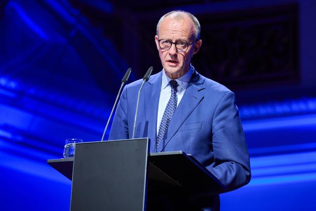 14 October 2025, Berlin: Germany's Chancellor Friedrich Merz speaks during the opening ceremony of the German Academy of Science and Engineering at the Konzerthaus. Photo: Annette Riedl/dpa