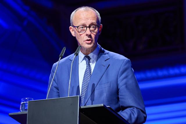 14 October 2025, Berlin: Germany's Chancellor Friedrich Merz speaks during the opening ceremony of the German Academy of Science and Engineering at the Konzerthaus. Photo: Annette Riedl/dpa