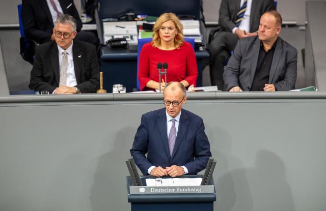 16 October 2025, Berlin: German Chancellor Friedrich Merz  speaks in the Bundestag during his government statement on the EU summit. Parliament deals with pension laws and the Military Service Modernization Act. Photo: Michael Kappeler/dpa