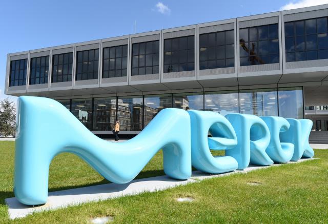 FILED - 12 April 2016, Hesse, Darmstadt: The new logo of pharma and chemicals group Merck KGaA in front of the innovation centre of the company in Darmstadt, Germany, 12 April 2016. Photo: picture alliance / dpa