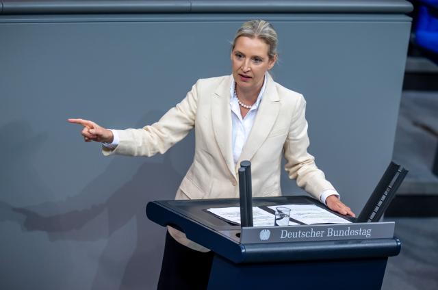16 October 2025, Berlin: Alice Weidel, federal leader and parliamentary group leader of the AfD, speaks in the Bundestag after the government statement on the EU summit. Among other things, parliament deals with pension laws and the Military Service Modernization Act. Photo: Michael Kappeler/dpa