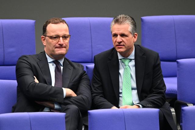 16 October 2025, Berlin: Jens Spahn (L), CDU/CSU parliamentary group leader in the Bundestag, and Thorsten Frei, Head of the Federal Chancellery and Federal Minister for Special Tasks, speak to each other during the debate following the government statement on the EU summit in the Bundestag. In addition to the debate following Chancellor Merz's government statement, Parliament is also discussing pension legislation and the Military Service Modernization Act. Photo: Niklas Graeber/dpa
