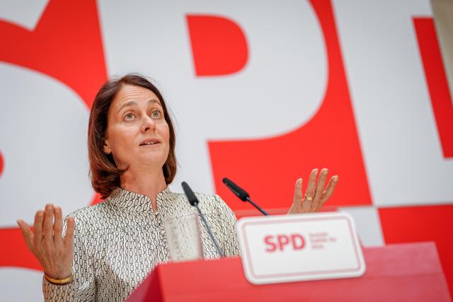 FILED - 10 June 2024, Berlin: Katarina Barley, Social Democratic Party of Germany (SPD) lead candidate for the 2024 European elections and Member of the European Parliament, gives a press conference after the meeting of the SPD Presidium for the European elections. Photo: Kay Nietfeld/dpa